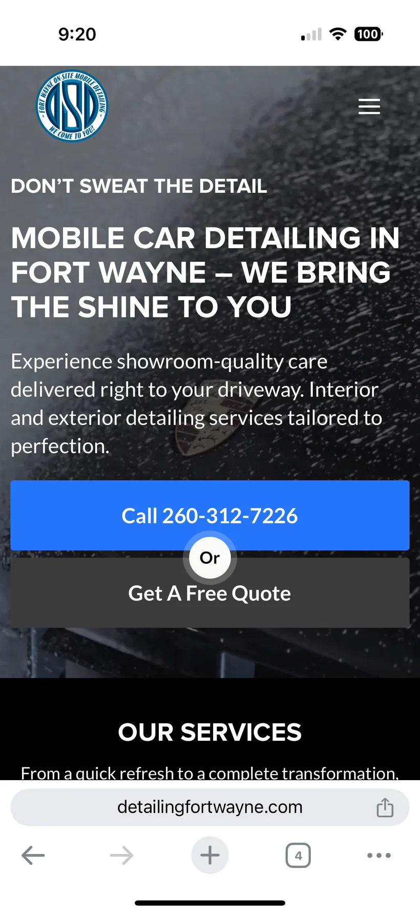Don’t Sweat the Detail mobile website screenshot with call and quote buttons